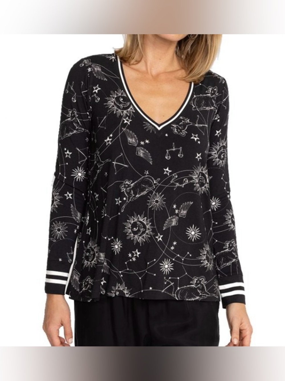 Johnny Was Black Celestial Zodiac Print V Neck Blouse - Size 2X NWT
